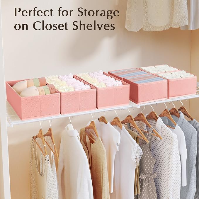 DIMJ Drawer Organiser System, Drawer Organiser, Foldable Storage Box, Fabric, Drawer Inserts for Wardrobes, Wardrobe Organiser for Trousers, Clothes, Set of 4, Pink