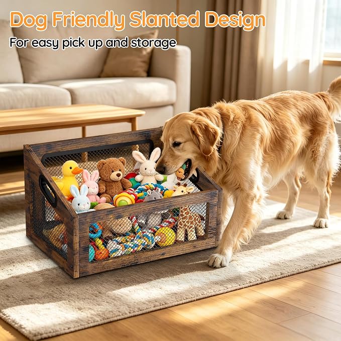 Wood Dog Toy Basket,Chew-Proof Dog Toy Box Bin | Spacious Dog Storage Organizer,Cat Toys Basket Box for Pet Toy Treat Clothes in Living Room