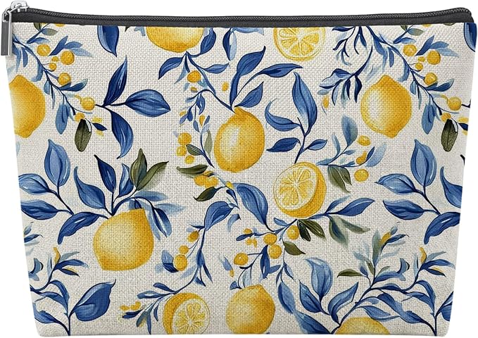 Summer Lemon Themed Gifts Empty Mahjong Tile Bag 13x7.8 Inch, | Blue Yellow Printed Portable Travel Case Organizer Zipper Pouch for American Mahjong Tiles Game Night Accessories and Gifts