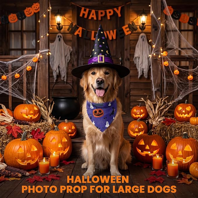 Sanwuta 60 Pcs Halloween Dog Bandanas Bulk Pet Bibs Scarf, Pumpkin Large | Adjustable Dog Bandanas, Triangle Scarf Holiday Pet Costume, Fits Small to Large Pet
