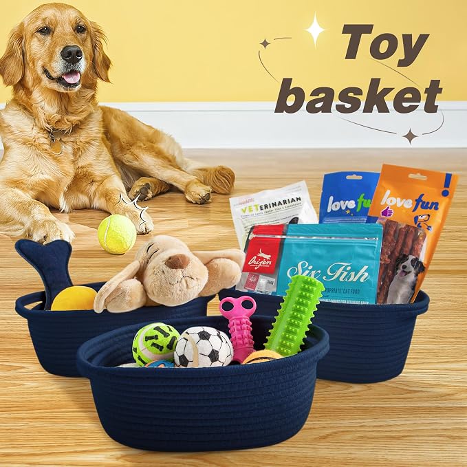 Pro Goleem Small Woven Basket with Gift Bags and Ribbons Durable Baskets for Gifts Empty Small Rope Basket for Storage 12"X 8" X 5" Baby Toy Baskets with Handles, Navy Blue