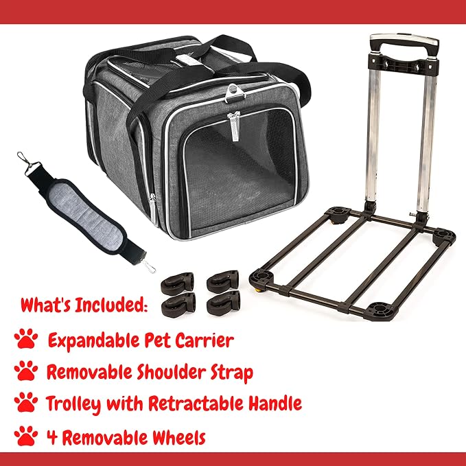 Airline Approved Expandable Premium Pet Carrier on Wheels- Two Sided Expandable Rolling Carrier- Designed for Dogs & Cats- Extra Spacious Soft Lined Carrier! (Grey)