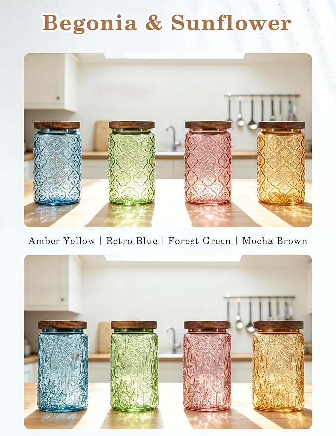 Glass Jar with Airtight Wood Lid – 34 OZ Kitchen Bathroom Pantry Canister, Decorative Vintage Storage Container for Candy, Coffee, Cookie, Cereal, Sugar, Tea, Pet Treat, Bath Salt, Blue Begonia