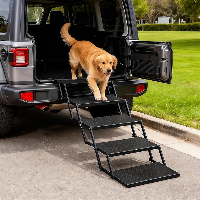 Foldable Dog Car Steps - Upgraded Non-Slip Pet Stairs for Large Dogs, Portable Metal Frame Dog Ramps for High SUV, Truck and Cars, Lightweight Pet Ladder with High Load-Bearing Capacity (5 Steps)