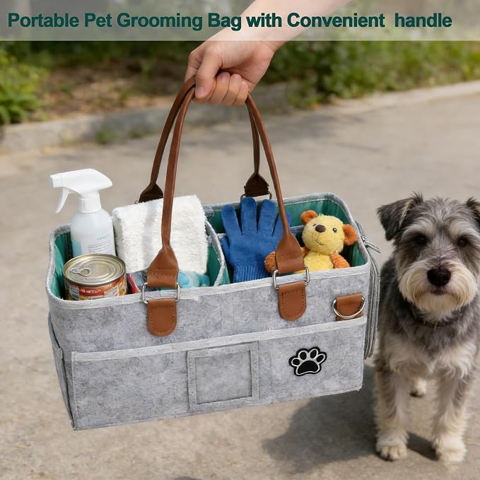 Felt Dog Grooming Bag, Pet Portable Tote Bag with Handle, Dogs Storage Organizer, 3 Compartments Caddy with 8 Pockets, Ideal for Dog Cat Grooming Tool Kit/Diaper/Blanket/Pads-Gray