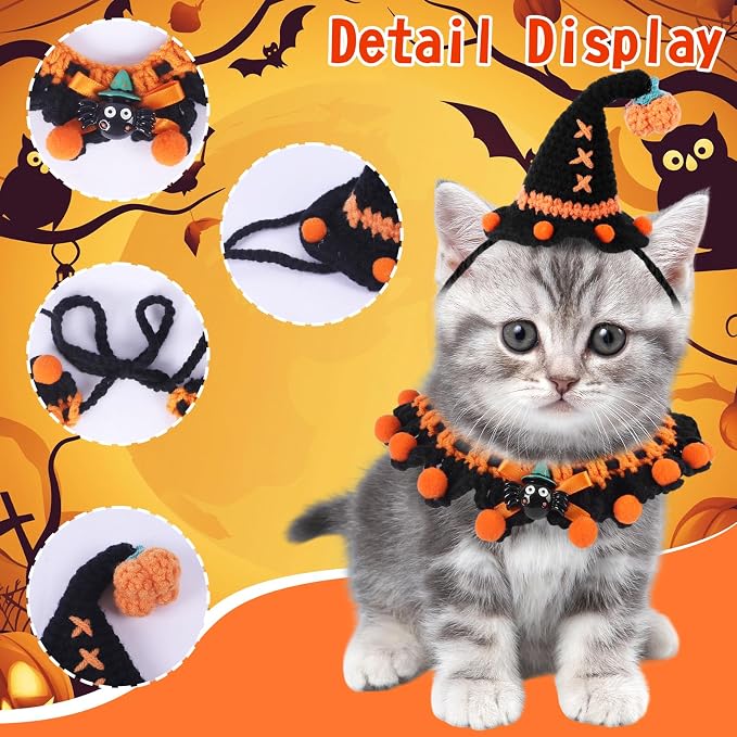 Kunyeah Halloween Pet Costume Set for Cats Small Dog Adjustable Knitted Hat Scarf Pumpkin & Witch Print Puppy Bib Cute Crochet Cat Collar Cap Pet Apparel Outfit (Orange-Ball)