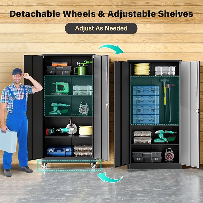 Metal Storage Cabinet with Wheels,75 inch Tall Rolling Garage Storage Cabinet with Lock,Black Metal Cabinets with Wheels and Shelves,Deep Heavy Duty Tool Locker for Garage,Home,Office,Shop