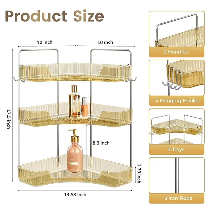 3 Tiers Bathroom Corner Organizer,Bathroom & Kitchen Storage Tray | Storage Countertop with Hooks Skin Care Exquisite Vanity Organizer Countertop Bathroom Storage Dresser, Kitchen-Gold