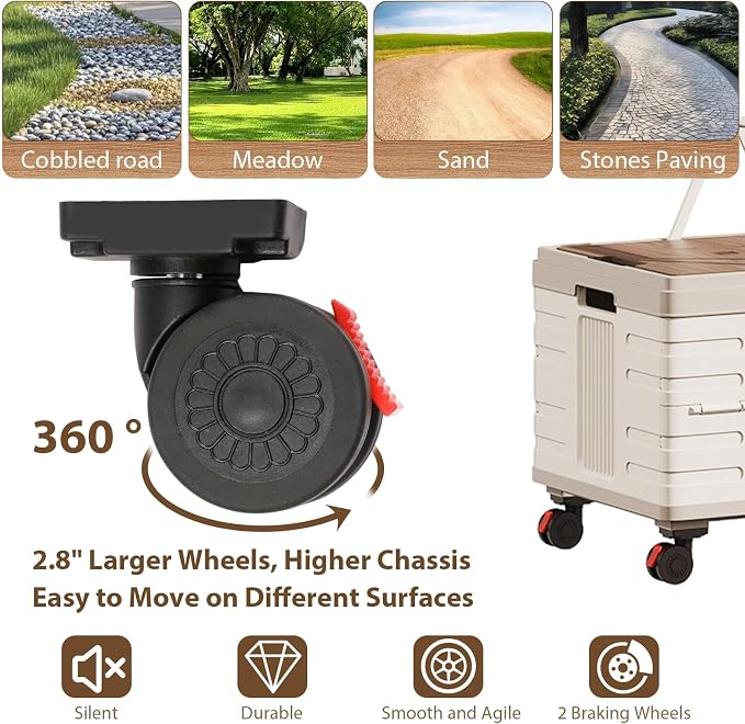 Folding Utility Cart Portable Rolling Crate Handcart Shopping Trolley Collapsible Tool Box with Wooden Lid, Basket on 4 Rotate Wheels, for Grocery, Office, Luggage, Teacher, Travel (White)