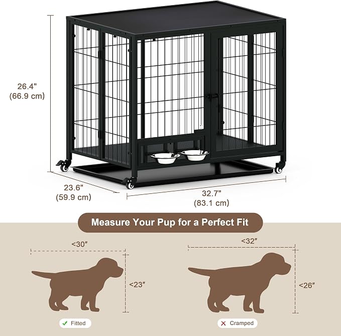 Heavy Duty Dog Crate for Small Dogs, 3 in 1 32.7" Foldable Collapsible Dog Kennel & Playpen with Lockable Wheels & Feeding Bowls, Escape Proof Metal Dog Cage for Indoor Outdoor Use, Black