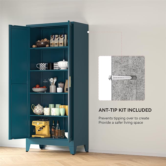 YAUWOH 71''Metal Cabinet with 4 Adjustable Shelves,5-Tier Pantry Storage Cabinet,Kitchen Pantry Cabinet for Living Room,Dining Room, (1PC,Blue)