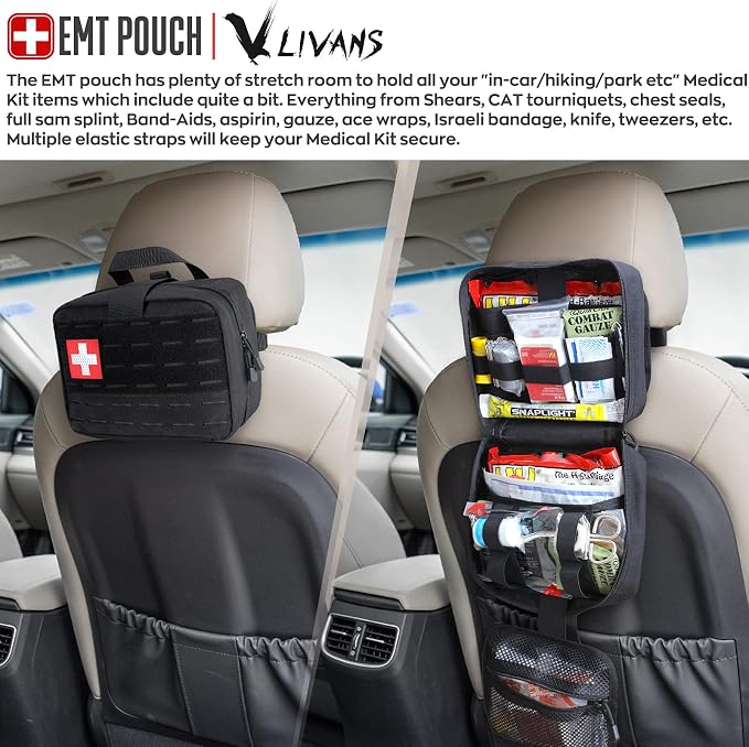 LIVANS Medical Bag, First Aid Bag Empty for Emergency & Trauma Kits | Molle Quick Release Design, Headrest Mount, Includes Flag and Cross Patch,Versatile for Tactical, Camping, Hiking and Travel
