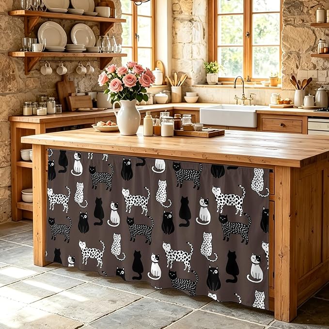 Cat Animal Cabinet Curtain 28"Wx51"L, Dustproof Storage Cabinet Curtain with Self Adhesive Tape, Black White Earthy Tone Vintage Pet Tall Pantry Cover Drape for Kitchen, Laundry Room, Utility Closet