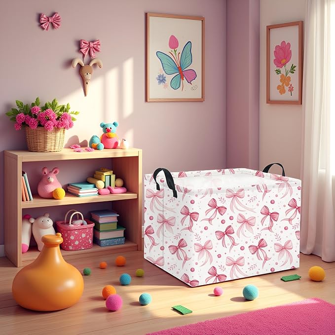 Rectangular Pink Basket for Girls Kids Baby Storage Basket Storage Bin Organizer Box Room Decor(Pink Bowknot)