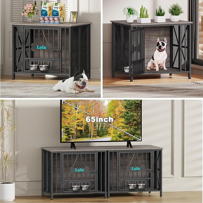 EasyCom Foldable Dog Crate Furniture, 31.5" Dog Crates for Small/Medium Dogs, Wooden Dog Kennel Indoor with Tag & Adjustable Dog Bowls, Dog Cage Use as End Table/TV Stand, Oak Grey | Foldable Dog Crate Furniture, Wooden Dog Kennel Indoor
