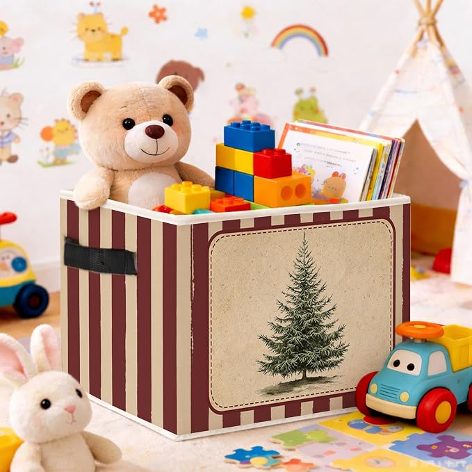 Christmas Tree Stripe Storage Bin, Fabric Organizer | Vintage Christmas tree storage bin with red stripes for toys, books, clothes, blankets, holiday shelves, and closets.
