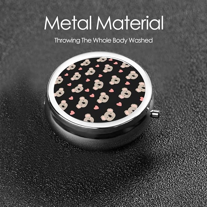Travel Pill Container, Cute Koalas and Pink Hearts Round Metal Organizer, 3-Section Case for Medicine, Pocket Purse Dispenser for Business Travel