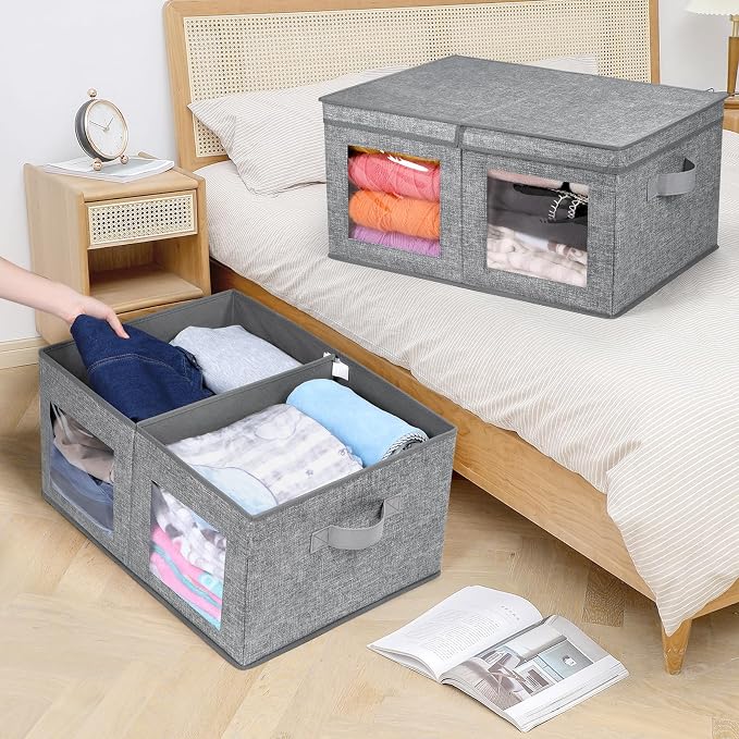 Univivi Large Fabric Storage Bins with Lids for Clothes 2 Pack, Grey | 24 x 17 x 12 In Foldable Storage Boxes with Handles, Clear Window, Closet Organizers for Home, Bedroom