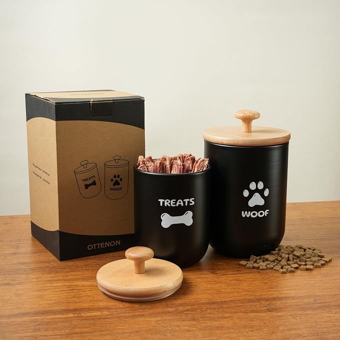Dog Treat Container Set of 2, Dog treat jar with Airtight Lid, Small dog food container, Dog Cookie Jar for kitchen Counter, Treats Canister, Pet Treat Container 8.3x4.9 & 7.1x4.3 (Black)