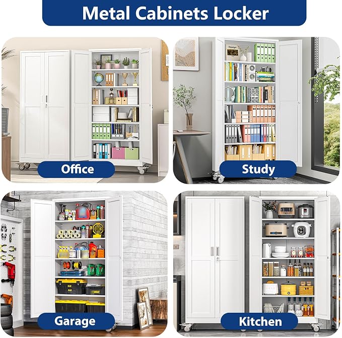 Ckzbx Metal Garage Storage Cabinet with Locking Doors and Adjustable Shelves,75" H Rolling Tool Storaget with Wheels for Garage,Office (White)
