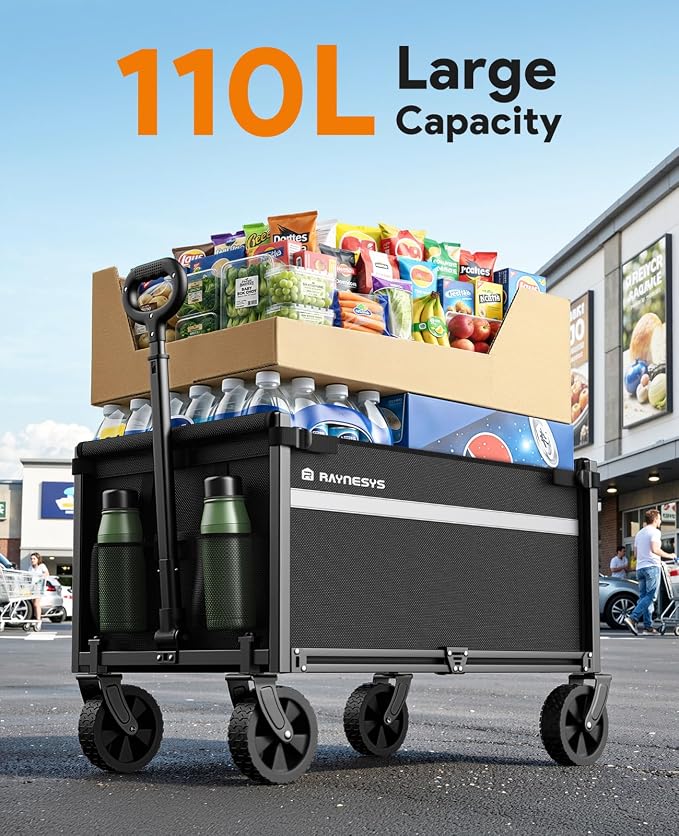 Collapsible Wagon Cart with Wheels, 220LBS for Grocery Shopping Camping | 110L Capacity Wagons Carts Foldable,220LBS Heavy Duty Wagon Carts, Lightweight Portable Utility Cart,All-Terrain Wheels