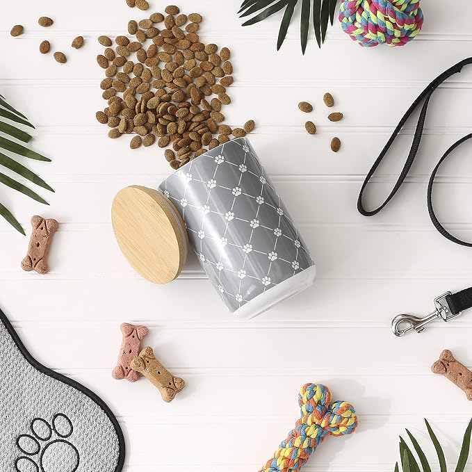 Bone Dry Trellis Paw Print Pet Treat Canister with Bamboo Lid Dog & Cat Treat Jar for Countertop Storage, Keep Training Bones & Biscuits Handy, 4x6.5 inches, Gray