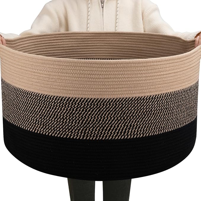 OIAHOMY 90L Extra Large Blanket Basket - Decorative Cotton Rope Storage Basket for Bedroom, Living Room & Nursery - Woven Laundry Hamper for Organizing Blankets, Clothes & Toys - Yellow and Black