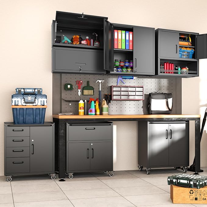 Garage Wall Cabinet with 2 Locking Doors Metal Storage Cabinet,Black | Wall Mounted Heavy Duty Steel Tool Cabinet Hanging Cabinet for Garage Warehouse Bathroom Kitchen,Assembly Required