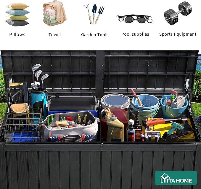 YITAHOME 220 Gallon XL Deck Box Large Outdoor Storage w/Divider for Patio | Outdoor Cushions, Garden Tools, Sports Equipment and Pool Supplies, Waterproof, Resin, Lockable, Black