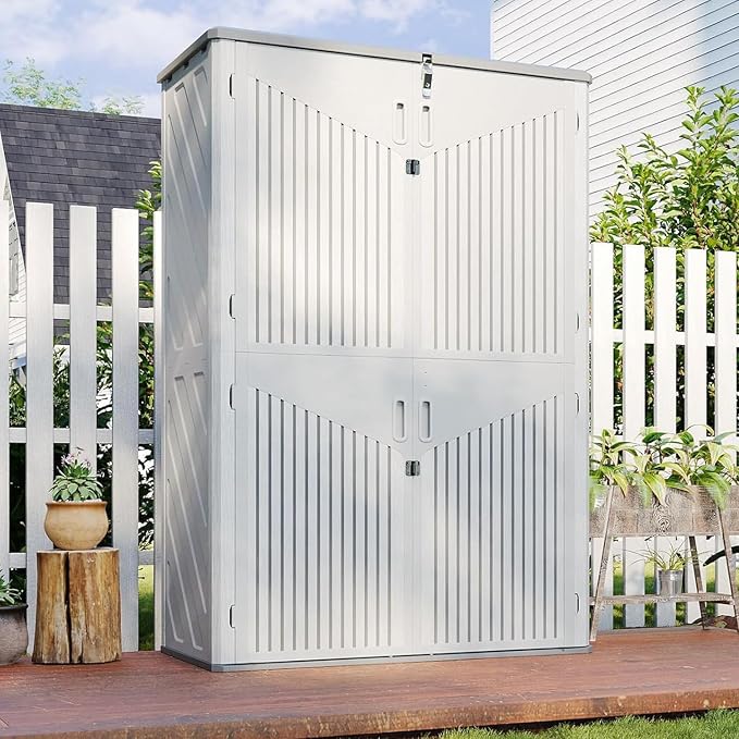 Aoxun Outdoor Storage Shed, 64 Cu.Ft Vertical Resin Sheds, White | Storage Sheds with Floor, Outdoor Waterproof Storage Cabinet for Garage Storage, Pool Storage, Bike Shed, Garden Shed