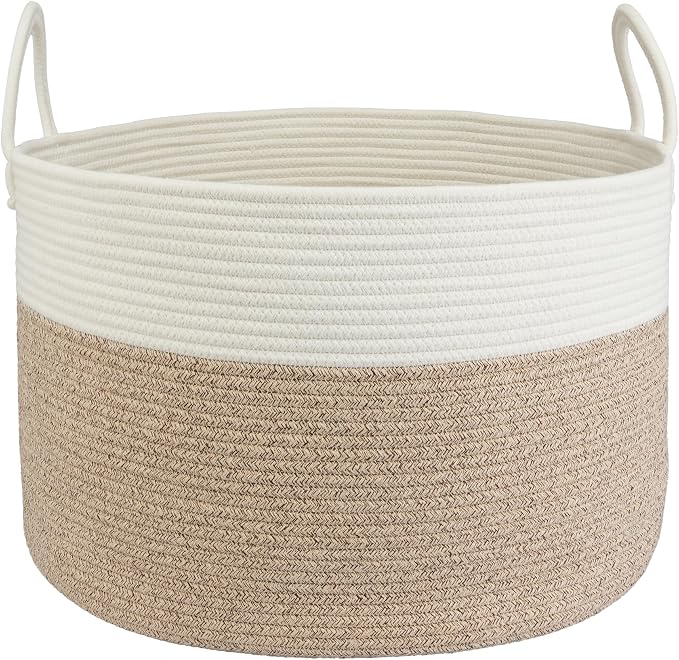 XUANGUO 66L Large Blanket Basket, Round Cotton Rope Basket, White & Brown | 20" x 13" Laundry Basket with Sturdy Handles for Blankets, Pillows and Toys; Storage for Living Room, Bedroom and Nursery