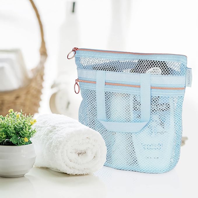 Mesh Shower Bag 10.2x9.9'' Quick-Dry Caddy with Zipper & 2 Pockets. Portable Toiletry Tote for Bathroom, Gym, Travel, Camp, Beach, for Sunscreen, Dorm & College Essentials (Blue)