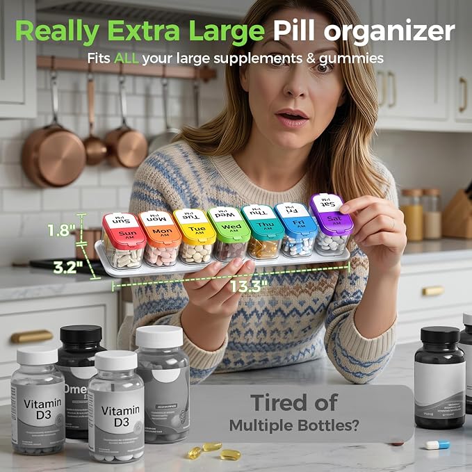 Extra Large Pill Organizer 2 Times a Day, Weekly AM PM Pill Case 7 Day | Large Capacity Fit All Medications and Supplements, Detachable Daily containers for Easy to Use and Travel, Durable BPA-free