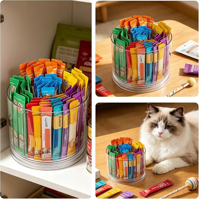 Lickable Cat Treats Organizer, Rotatable Acrylic Squeeze Up Cat Food Storage Container with 5-compartment Storage for Pet Treats, Wet Cat Treats Storage for Kitchen Cabinet Pantry Shelf Countertop