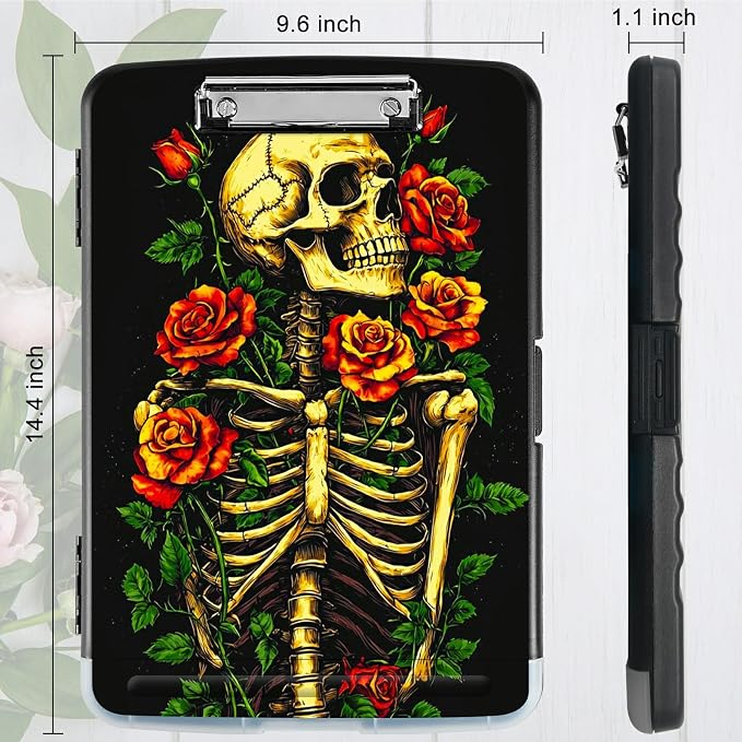 Skull Red Rose A4 Clipboard with Storage Pen Holder, Clipboards Organizer Nursing Clipboard Foldable File Folder Plastic Clipboard Folio Clip Board for Office Students Classroom Doctor