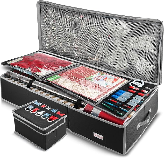 Hearth & Harbor Wrapping Paper Storage Container with Ribbon Storage Organizer - Christmas Storage Bag with Extra Interior Pockets - Gift Wrapping Organizer Storage Fits Up to 26 Rolls of 40" Length
