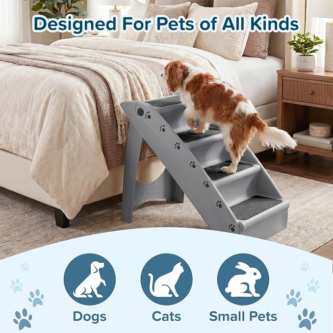 PETMAKER Lightweight Durable Plastic Dog Stairs, Gray, 23.25” x 15” x 19” | Foldable Pet Stairs with 4-Step Design for Bed, Couch, Car, Pet Steps with Non-Slip Carpeted Pads for Small Dogs and Cats