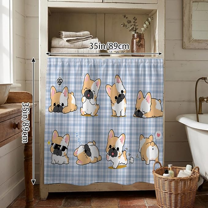Cute Puppy Cabinet Dishwasher Hidden Curtains, Privacy Closet Door Curtain, Blue Purple Plaid Modern Funny Dogs Pet Adhesive Dust Proof Under Sink Skirt for Bathroom Kitchen 35"x35"