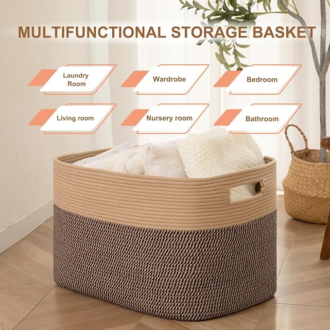 96L XL Large Cotton Rope Basket, Soft Toy Storage Bin for Nursery & Living Room, Decorative Blanket Basket for Bedroom, Baby-Safe Organizer for Pillows &Laundry, 24''×16''×15'', Brown & Black