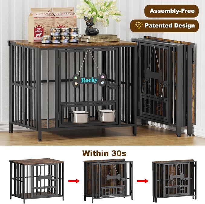 Easycom 27" Foldable Dog Crate Furniture, No Assembly, Rustic Brown | Decorative Wooden Dog Kennel Indoor With Adjustable Bowls and Name Tag, Small Dogs (Under 20 lb), End Table