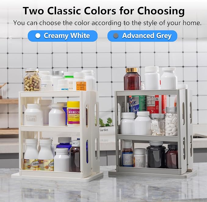Dutiplus 3-Tier Medicine Organizer Cabinet Storage Rack with Pull-and-Rotate Design for Holding Vitamins, Supplements, Cosmetics 10.82" H x 5.82" W x 10.43" D Creamy White