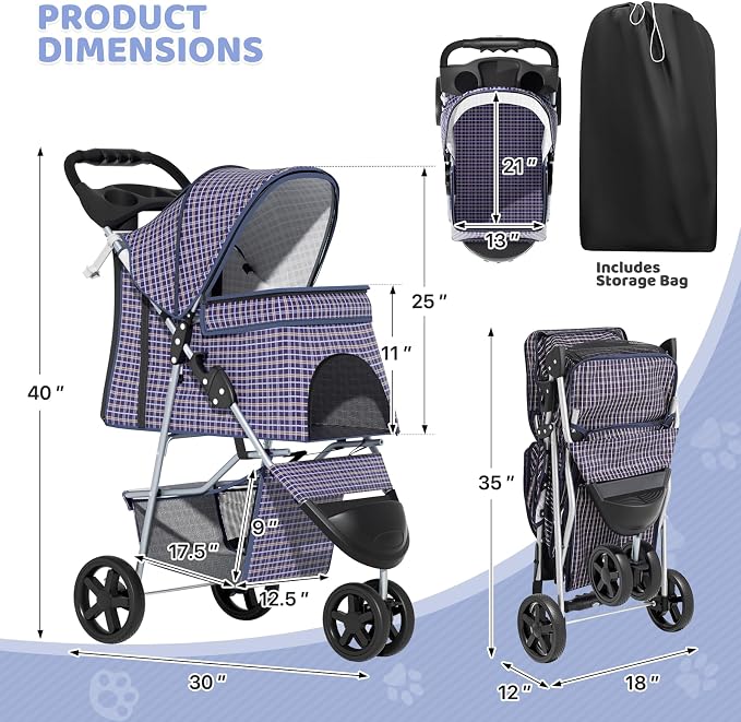 Magshion 3-Wheel Pet Stroller for Small/Medium Dogs & Cats, Up to 33lbs | Foldable Travel Jogger w/ Breathable Mesh Cover, Lightweight Design, Safety Tethers, Cup Holder & Storage Basket