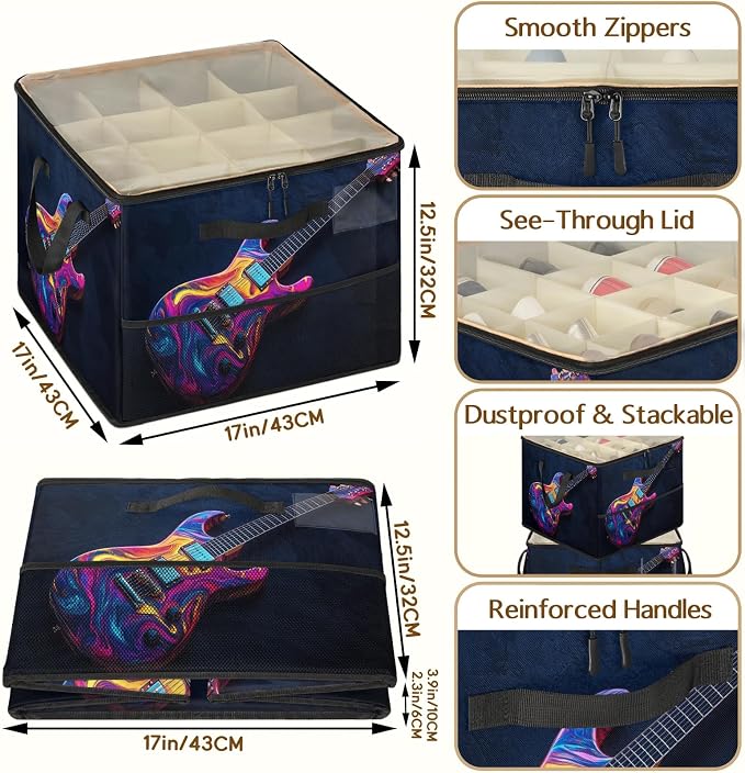 TropicalLife Colorful Guitar Shoe Organizer for Closet | Music Theme Foldable Shoe Storage Organizer Box Bin with Adjustable Dividers and Clear Cover, Fits up to 16-32 Pairs