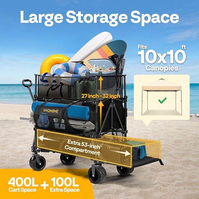 VIVOHOME 500L Large Capacity Double Decker Collapsible Wagon 500lbs Heavy Duty Utility Folding Cart with Big Wheels 53" Extended for Camping, Sports