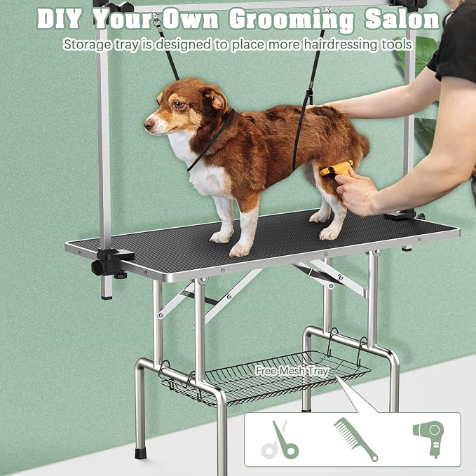 36'' Stainless Steel Pet Dog Grooming Table, Arm/Noose/Tray, Black | Foldable Dog Grooming Table for Dogs at Home, Adjustable Height Arm, Non-Slip Waterproof Tabletop, Capacity 330Lb
