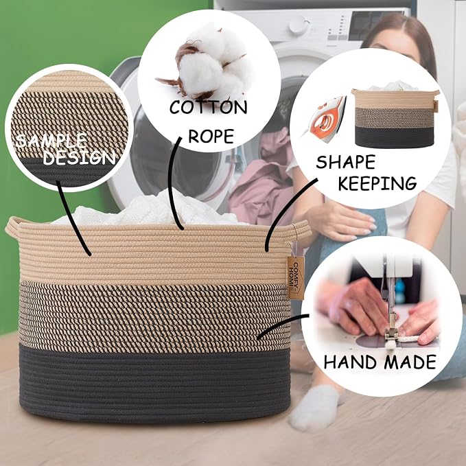 COMFY-HOMI XXXL Large Laundry Basket, Cotton Rope Nursery Woven Basket for Storage, Blanket Baskets Living Room Laundry Hamper, Dog Toy Storage Organizer, Home Decor-21''x21''x13.6''-Jute and Black