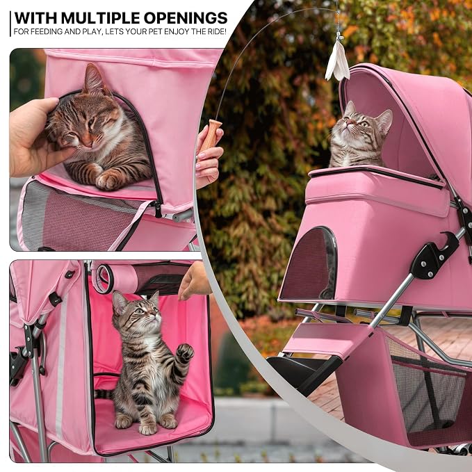 MoNiBloom Pet Stroller for Small/Medium Dogs and Cats up to 33 lbs, Pink | Foldable Dog Stroller 3 Wheels Pet Strolling Cart w/ Storage Basket Cup Holder, Breathable and Visible Mesh for All-Season