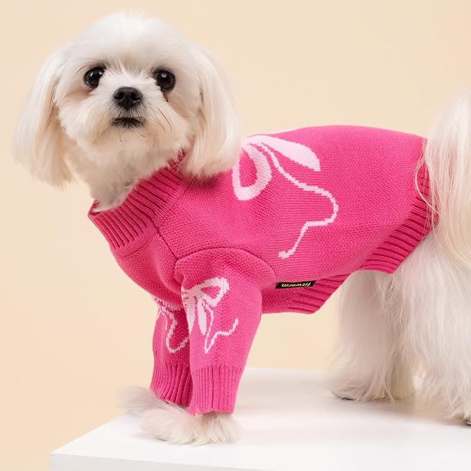 Fitwarm Bowknot Valentines Dog Sweater, Thermal Dog Winter Clothes for Small Dogs Girl, Charming Dog Valentines Outfit, Doggy Pullover Jumper, Holiday Pet Apparel, Pink, Small