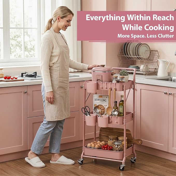 Amatic 3-Tier Folding Rolling Utility Cart with Wheels, Foldable Storage Cart Organizer with 3 Hanging Cups & 6 Hooks for Kitchen, Office, Living Room, Nursery(Pink)