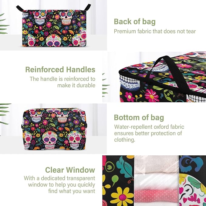 Generic Skull Flowers Day Of The Dead Clothes Storage Bag Bins 2 Pack Foldable Storage Containers Large Closet Organizer with Zipper Under Bed Storage for Bed Sheets Clothing Comforters 60L